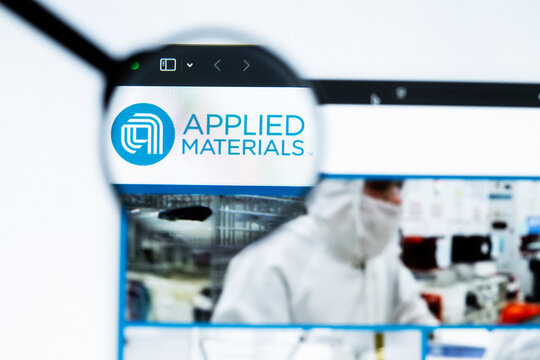 Milan, Italy 2026, 20 Apr Closeup of Applied Materials website on a laptop screen. Applied Materials logo under a magnifying glass.