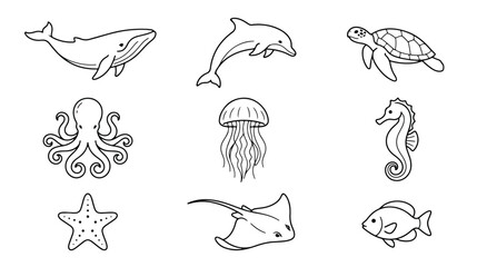 Oceanic Wildlife Icons: Whale, Dolphin, Turtle, Octopus, Jellyfish, Seahorse, Starfish, Ray, Fish Vector Set © Sidra
