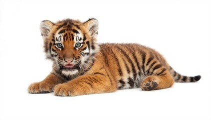 Obraz premium Tiger cub demonstrating playful energy on white surface