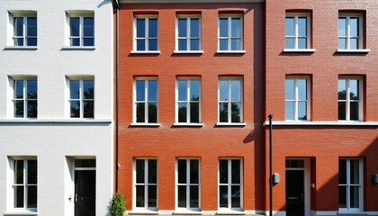 Fototapeta premium Row of modern townhouses with red brick and white painted facades, multiple windows, and black doors. Residential urban street architecture, clean design, residential property.