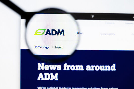 Milan, Italy 2026, 20 Apr Closeup of Archer Daniels Midland website on a laptop screen. Archer Daniels Midland logo under a magnifying glass.