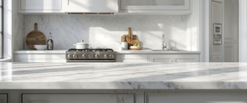 white gray kitchen counters and elegant white marble table for home cooking mockup
