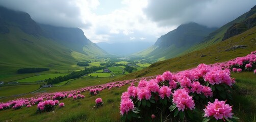 Obraz premium Pink rhododendron flowers bloom on grassy mountain slope overlooking green valley with scattered homes and farms. Majestic hills rise under partly cloudy sky, creating scenic natural landscape.
