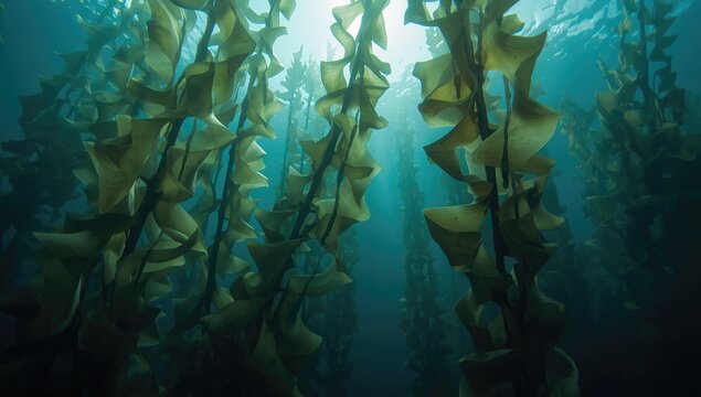 Underwater glowing Macrocystis pyrifera kelp foliage with text copy space