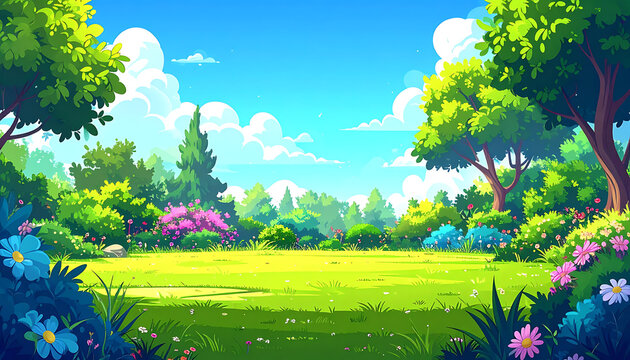 Vibrant pixel art park landscape, lush green trees and blooming flowers under a clear blue sky with fluffy clouds, serene nature scene