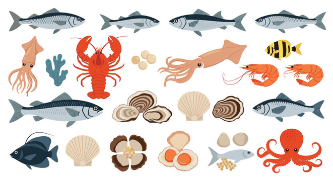 Comprehensive set of various seafood icons including different fish species lobster squid oysters octopus and shellfish for culinary.