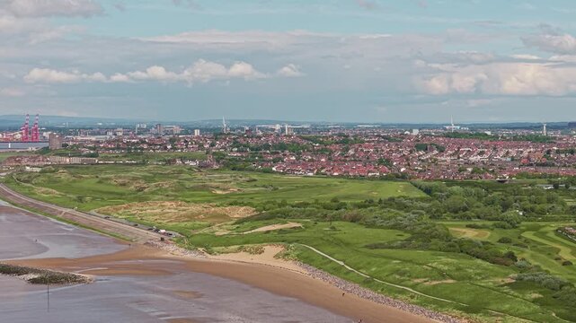 Aerial view of the sandy Leasowe beach and coastline, Wirral, Merseyside, England