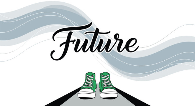 Inspirational graphic featuring the word Future in elegant script over a pair of green sneakers walking on a grey path with wavy background lines.