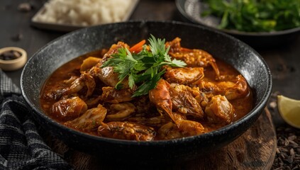 Fototapeta premium Mouthwatering Thai crab curry stir-fry featuring an oceanic seafood blend
