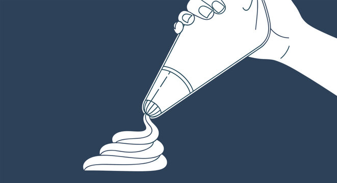 Minimalist line art illustration of a hand using a pastry piping bag to create a swirl of frosting against a dark blue background for baking themes.