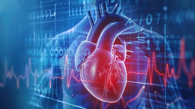 Medical 3D rendered illustration of heart arrhythmia disorder showing irregular heartbeat rhythm, abnormal cardiac electrical impulse conduction inside myocardium, cardiovascular pathology schematic f