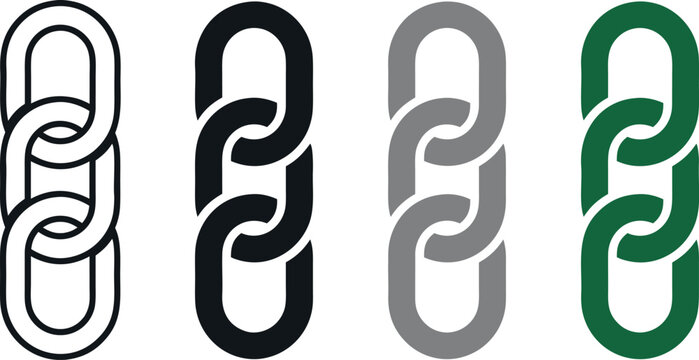Chain link connection icon set featuring vertical interlocked metal links in outline black gray and green color variations for structural strength unity and web link association concept graphics.