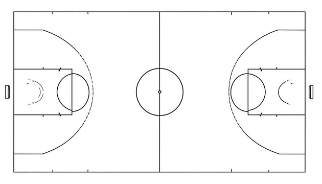 Isolated outline of a hockey rink, center ice circle, face-off dots, and goal creases, simple vector graphic