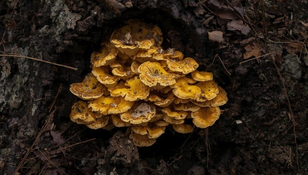 Natural formation of yellow and orange mushrooms on a decayed tree base