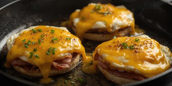 Sizzling skillet fried sandwiches featuring eggs ham and melted golden cheese