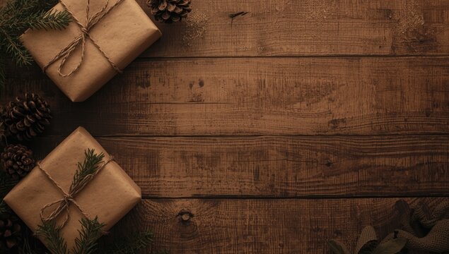 Rustic wood background holiday arrangement featuring vintage Christmas presents wrapped in brown paper tied with twine