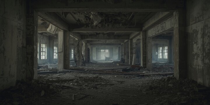 Vacant military settlement presenting damaged infrastructure and hollow rooms