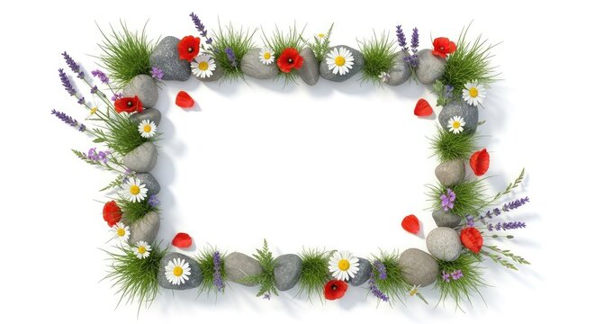 A white background frames a decorative border of natural elements. The border consists of green grass, lavender flowers, red poppies, white daisies, and gray stones.