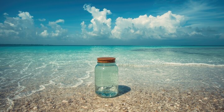 Empowering beach landscape displaying glass jar on shore with crystal clear water and cloud cover