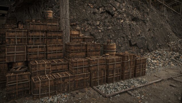 Stacked wooden containers loaded with explosives in a historical mining area