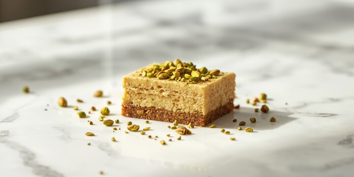 Tasty halva flavored with tahini and garnished with pistachio nuts on a bright white surface