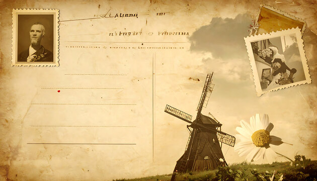 Vintage postcard scene with old windmill, field of flowers, and historical portrait stamp, sepia tone