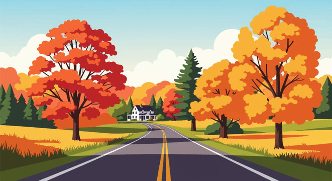 Vector illustration of a winding rural asphalt road in Connecticut during the autumn season, featuring vibrant fall foliage, a distant white farmhouse, and a blue sky with clouds.