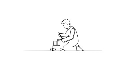 Fototapeta premium Single Line Drawing of a Person Kneeling and Assembling a Gift Box with Ribbon