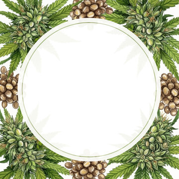 Watercolor illustration of a circular white frame bordered by green cannabis leaves, marijuana flowering buds, and brown hemp seeds on a clean white background for botanical design.