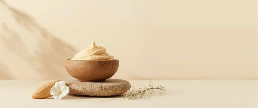 Natural sandalwood paste ingredients in bowl on stone base with pastel background and copy space