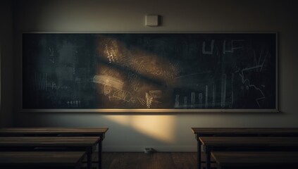 Naklejka premium Learning room blackboard aglow from window light featuring copy space for school notices