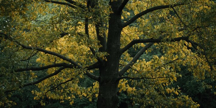 Tall tree with golden laburnum leaves framed by lush green background