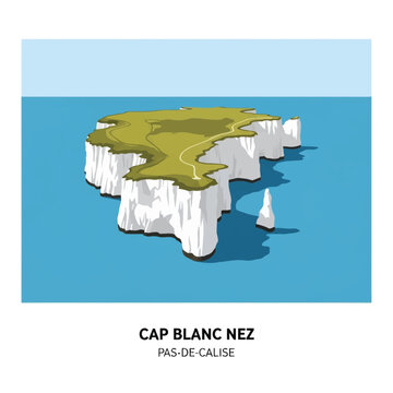 Stylized vector illustration of Cap Blanc-Nez white chalk cliffs in Pas-de-Calais, France, featuring green clifftops overlooking the blue English Channel sea under a clear sky.