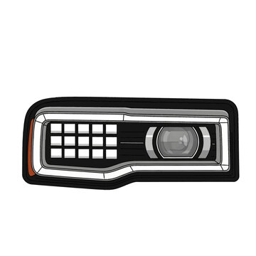 Detailed vector illustration of a modern automotive matrix LED headlight assembly featuring a projector lens, grid of square LED units, and integrated daytime running lights.