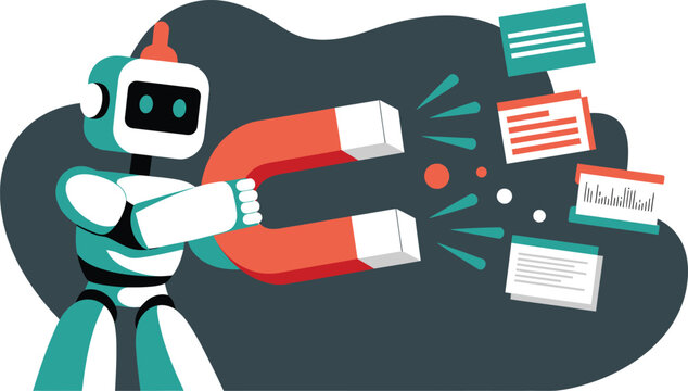 Friendly robot uses a large magnet to attract digital documents and data, representing data mining, lead generation,.