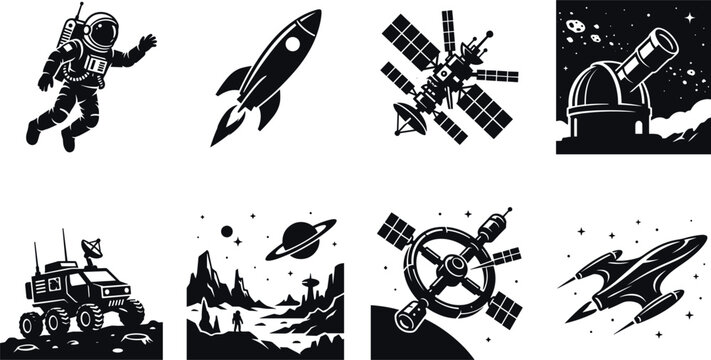 Space exploration black vector icon set with astronaut rocket satellite observatory telescope lunar rover and alien planet landscape