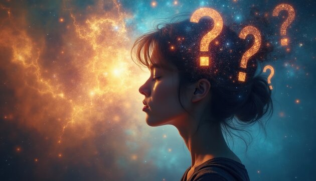 Young woman head with glowing question marks above. Represents confusion, doubt, inner conflict. Thinking about future decisions, mental state, existential thoughts. Abstract cosmic background.