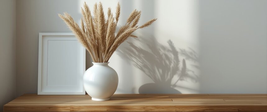 Porcelain vase holding dry rabbit tail grass and lagurus on wooden bench with white photo frame and interior copyspace
