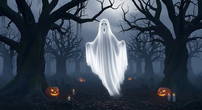 Spooky halloween ghost in dark forest with jack o' lanterns