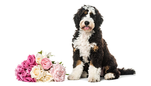 Young bernedoodle puppy sitting next to a bouquet of pink and white flowers, studio shot, happy expression