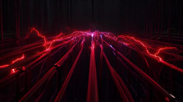 Cybersecurity cyber attack red lightning data breach digital storm network cable glowing wire dark server room hacking energy flow cyber security cyber attack red lightning sparks over network cable