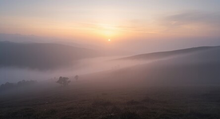 Obraz premium Serene Foggy Morning Landscape with Mystical Atmosphere and Dreamlike Light