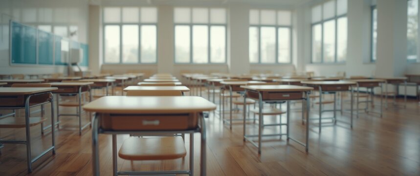 spacious classroom with empty student desks and large windows background