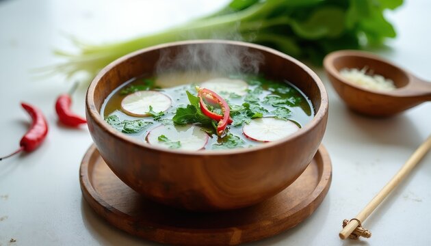 Steaming Jaju vegetable soup in wooden bowl. Sliced radish greens and chili pepper float in broth. Served with bamboo ladle and wooden spoon with grated cheese.