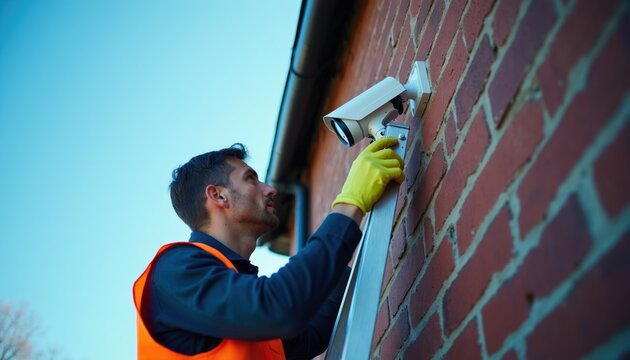 Man on ladder installs white security camera on brick wall. Worker with yellow gloves attaches surveillance device to building exterior. Safe home exterior setup on bright day.