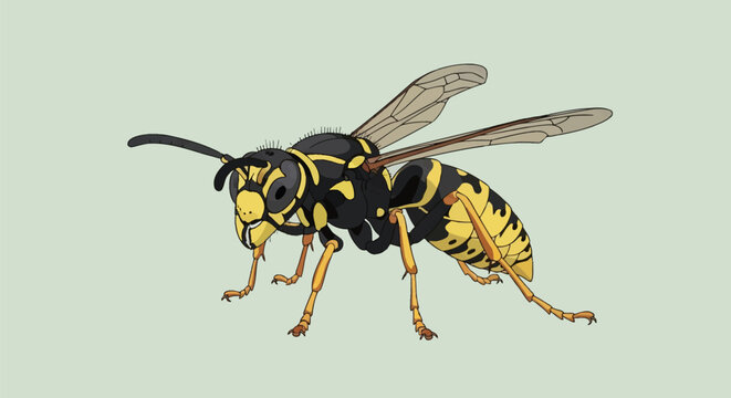 Detailed vector illustration of a paper wasp or yellowjacket insect showing yellow and black striped abdominal segments, translucent wings, and compound eyes on a plain background.