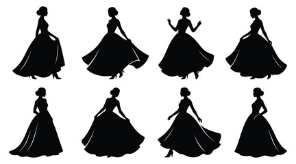 Set of silhouettes of women in elegant ball gowns, graceful ladies in long dresses in various poses, fashion collection of female figures, vector illustration © Creative SA