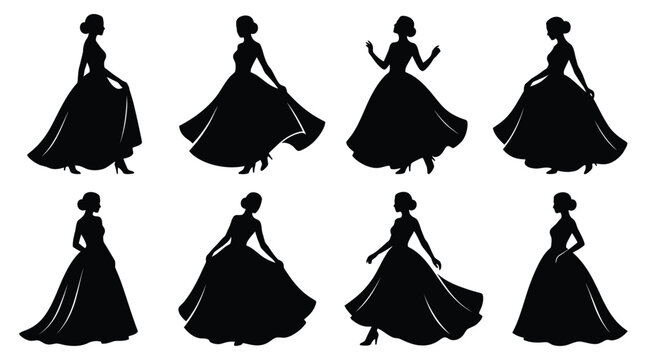 Set of silhouettes of women in elegant ball gowns, graceful ladies in long dresses in various poses, fashion collection of female figures, vector illustration