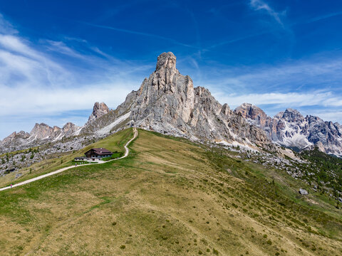Aerial view of Mount Ra Gusela on Giau Pass in the dolomites