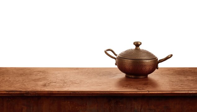 Timeworn copper cooktop with artisan Turkish pan and pot set isolated on pure white backdrop